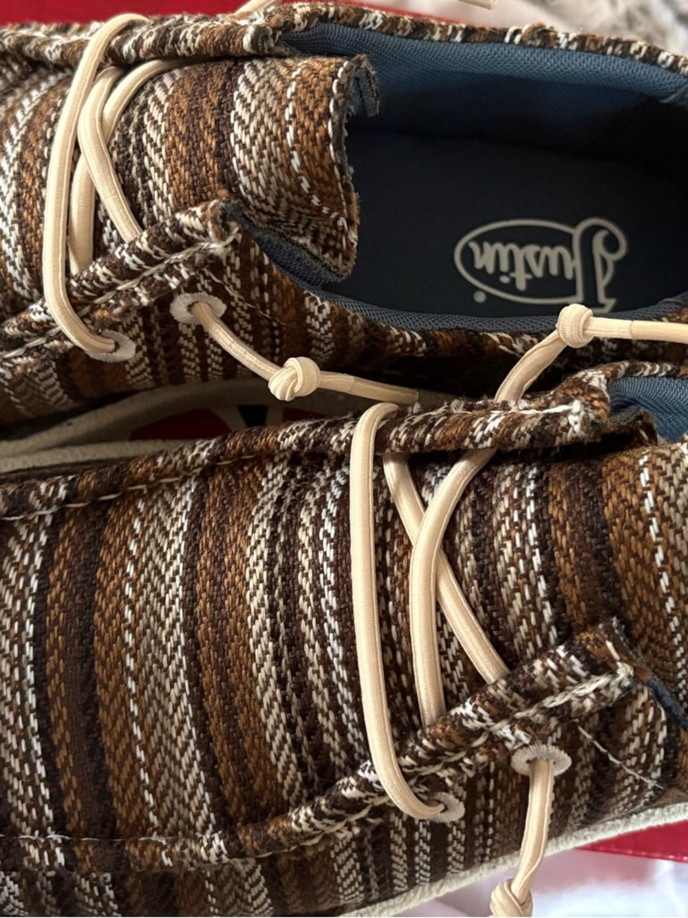New Justin Men's Casual Brown Striped Canvas Boat Shoes-New 9.5